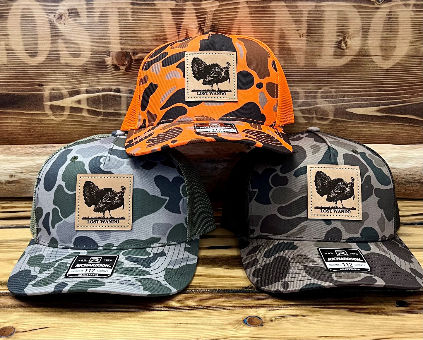 Load image into Gallery viewer, Turkey Leather Patch Blaze Duck Camo-Blaze Richardson 112PFP Trucker Hat Lost Wando Outfitters - Lost Wando Outfitters

