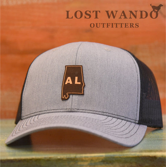 Alabama State Outline Etched Leather Patch Hat-Heather Grey-Black Lost Wando - Lost Wando Outfitters