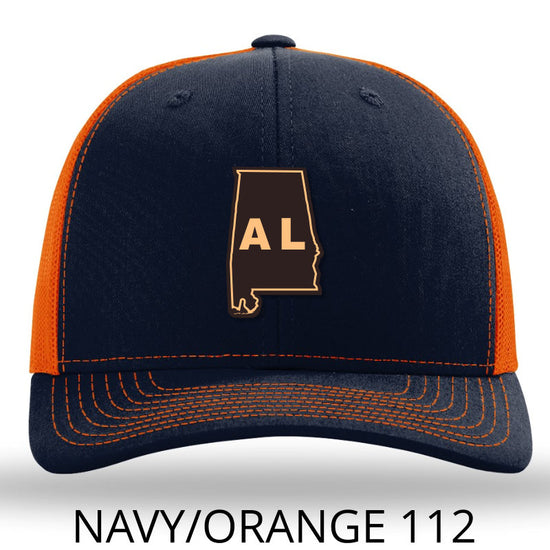 Load image into Gallery viewer, Alabama State Outline Etched Leather Patch Hat-Navy-Orange Lost Wando - Lost Wando Outfitters
