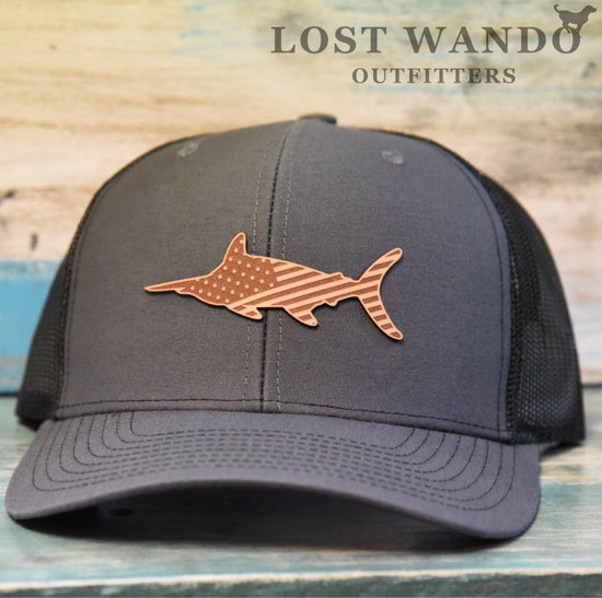 Load image into Gallery viewer, American Marlin - Leather patch hat - Charcoal-Black Lost Wando Outfitters Richardson 112 - Lost Wando Outfitters
