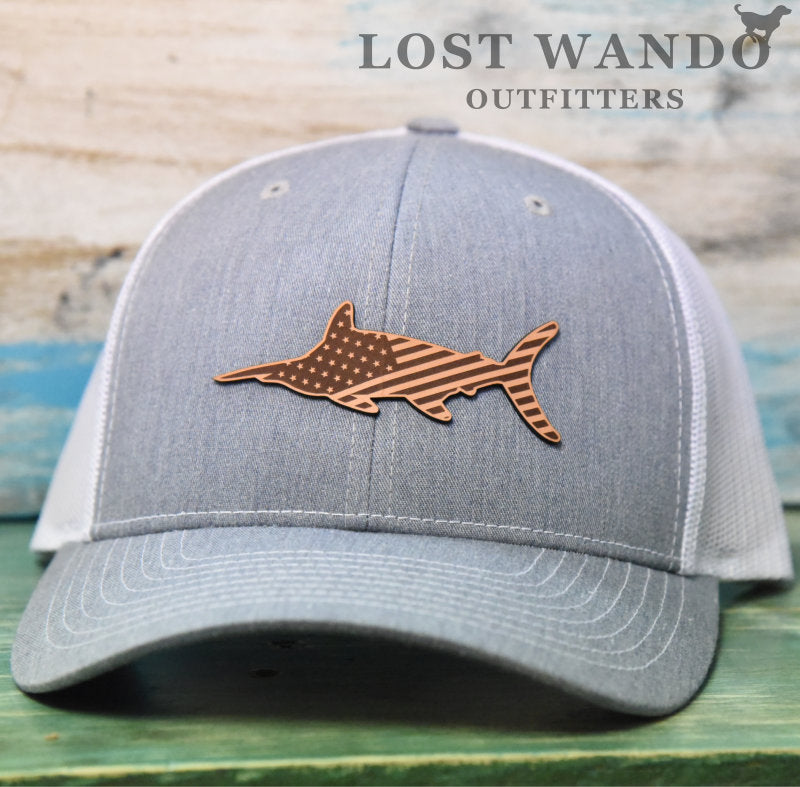 Load image into Gallery viewer, American Marlin - Leather patch hat - Heather Grey-White Lost Wando Outfitters Richardson 112 - Lost Wando Outfitters
