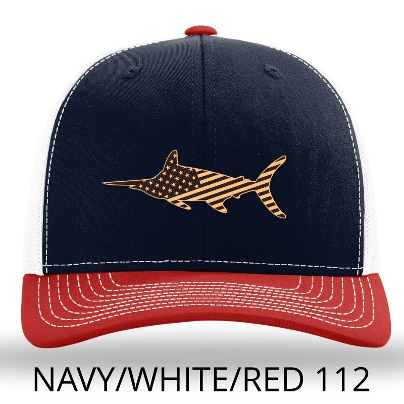 Load image into Gallery viewer, American Marlin - Leather patch hat - Navy-White-Red Lost Wando Outfitters Richardson 112 - Lost Wando Outfitters
