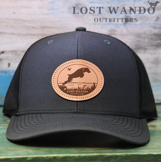 Load image into Gallery viewer, Boykin Fetch Charcoal-Black Leather Patch Hat Lost Wando Outfitters Richardson 112 - Lost Wando Outfitters
