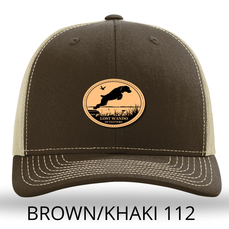 Load image into Gallery viewer, Boykin Fetch Brown-Khaki Leather Patch Hat Lost Wando Outfitters Richardson 112 - Lost Wando Outfitters
