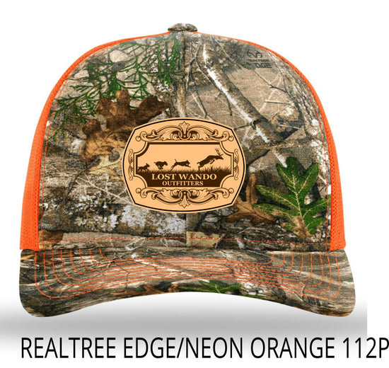 Dog On Deer Realtree Edge Camo-Neon Orange Leather Patch Hat Lost Wando Outfitters Richardson 112P - Lost Wando Outfitters