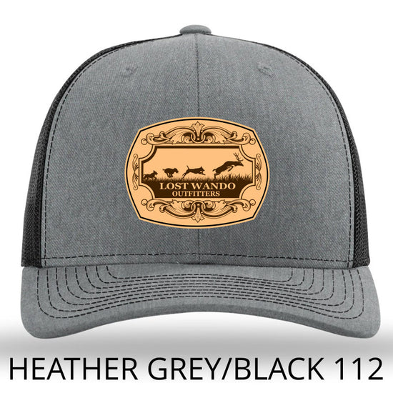 Dog On Deer Heather Grey-Black Leather Patch Hat Lost Wando Outfitters Richardson 112 - Lost Wando Outfitters