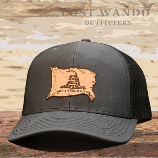 Load image into Gallery viewer, Don&amp;#39;t Tread On Me Gadsden Flag - leather patch hat - Charcoal-Black - Lost Wando Outfitters
