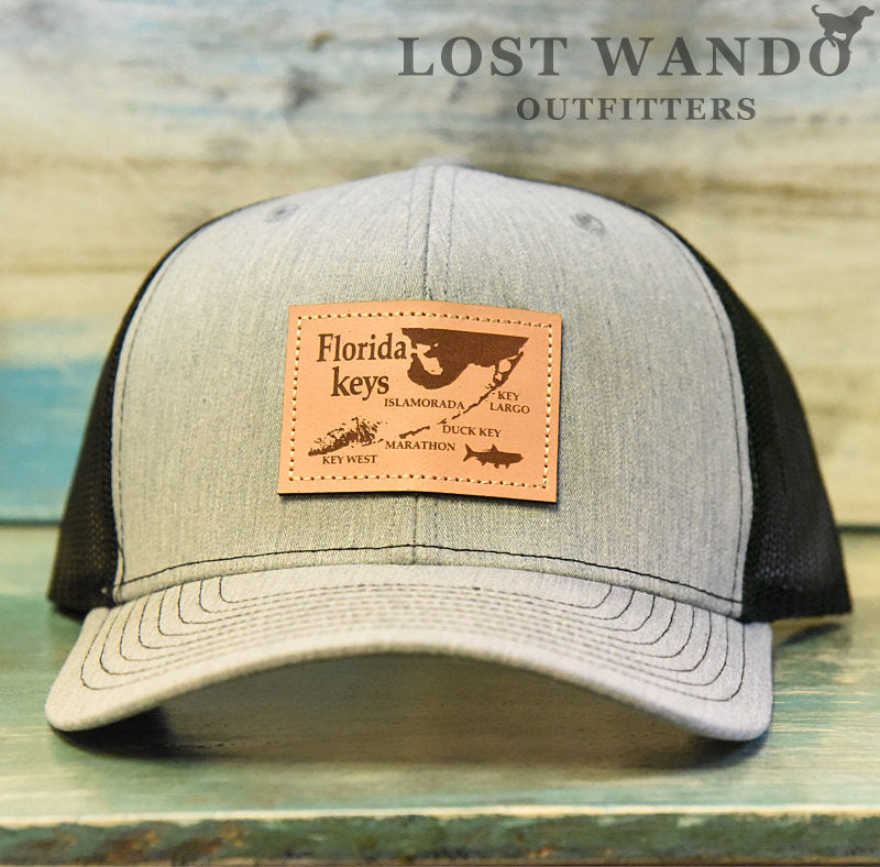 Load image into Gallery viewer, Florida Keys Leather Patch Hat - Heather Grey-Black Richardson 112 - Lost Wando Outfitters
