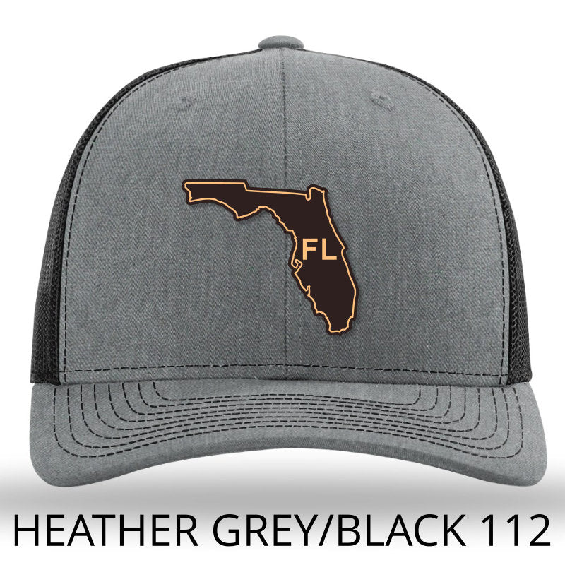 Load image into Gallery viewer, Florida State Outline Etched Leather Patch Hat -Heather Grey-Black Richardson 112 - Lost Wando Outfitters
