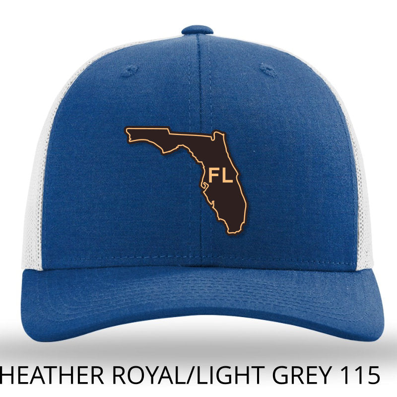 Load image into Gallery viewer, Florida State Outline Etched Leather Patch Hat -Royal-Light Grey Richardson 115 - Lost Wando Outfitters

