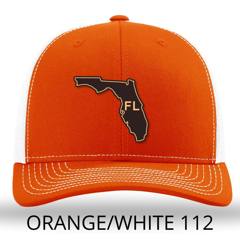 Florida State Outline Etched Leather Patch Hat -Orange-White Richardson 112