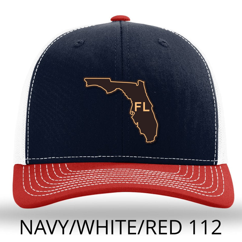 Florida State Outline Etched Leather Patch Hat -Navy-White-Red Richardson 112 - Lost Wando Outfitters