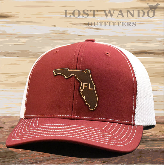 Florida State Outline Etched Leather Patch Hat -Cardinal-White Richardson 112 - Lost Wando Outfitters
