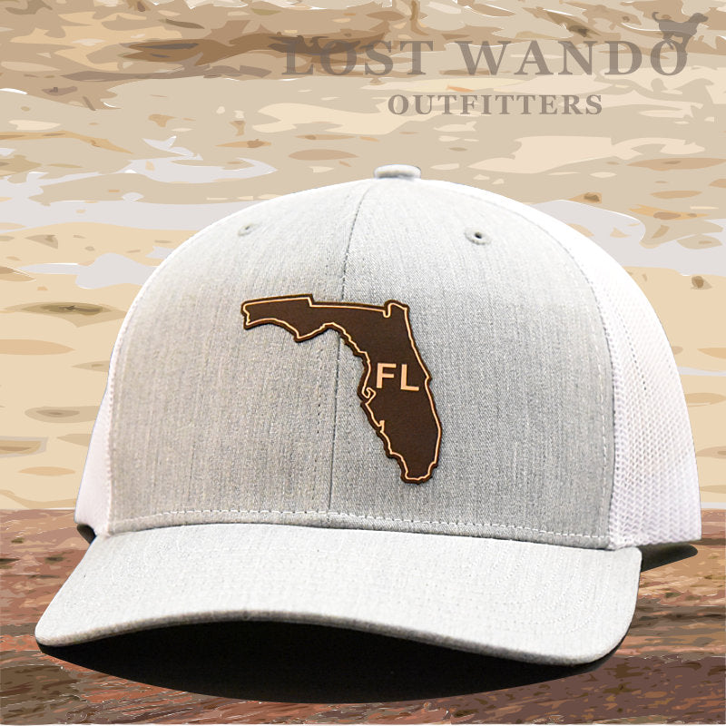 Florida State Outline Etched Leather Patch Hat -Heather Grey-White Richardson 112 - Lost Wando Outfitters