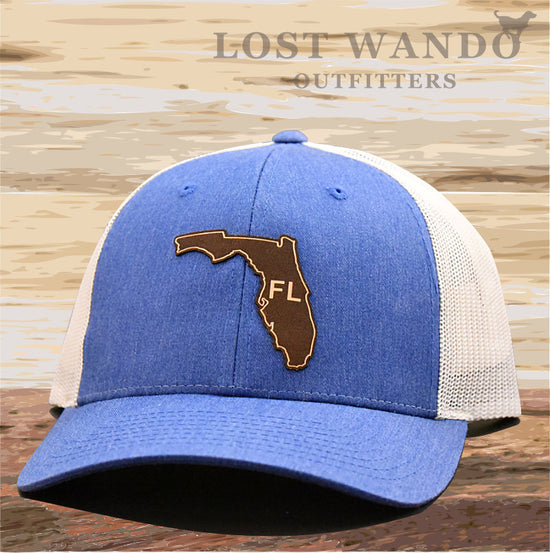 Load image into Gallery viewer, Florida State Outline Etched Leather Patch Hat -Royal-Light Grey Richardson 115 - Lost Wando Outfitters
