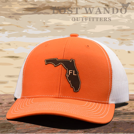 Florida State Outline Etched Leather Patch Hat -Orange-White Richardson 112 - Lost Wando Outfitters