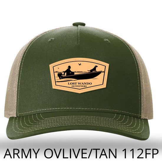 Load image into Gallery viewer, Jon Boat Leather Patch Hat Army Olive-Tan Lost Wando Outfitters - Richardson 112FP - Lost Wando Outfitters
