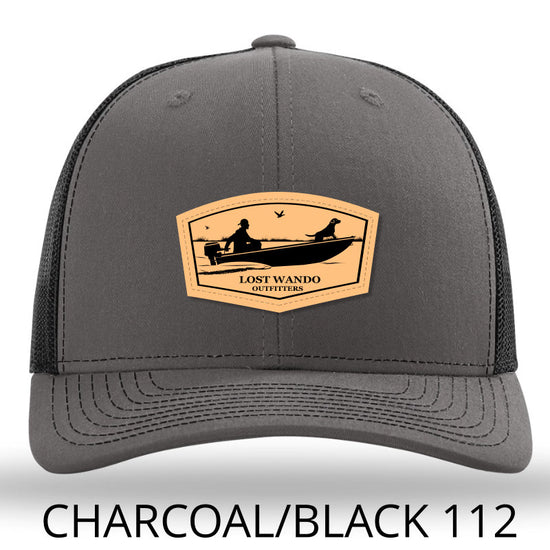 Load image into Gallery viewer, Jon Boat Leather Patch Hat Charcoal-Black Lost Wando Outfitters - Richardson 112 - Lost Wando Outfitters
