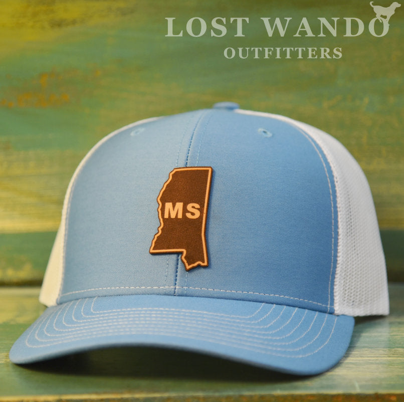 Mississippi State Outline Etched Leather Patch Hat-Columbia Blue-White on Richardson 112 - Lost Wando Outfitters