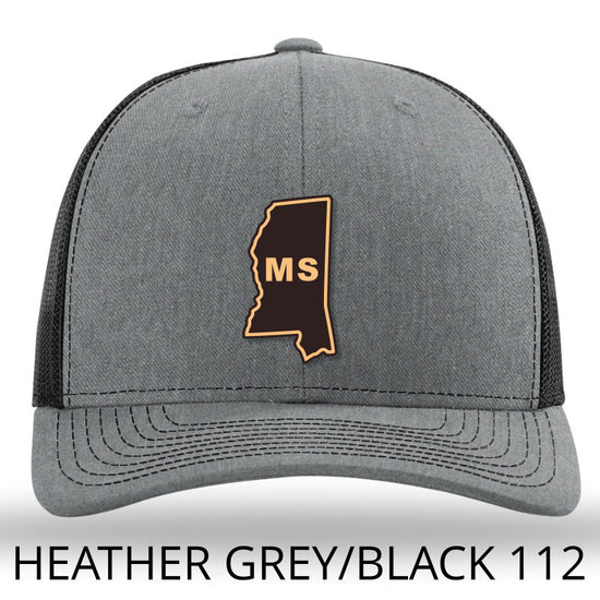 Mississippi State Outline Etched Leather Patch Hat-Heather Grey-Black on Richardson 112 - Lost Wando Outfitters