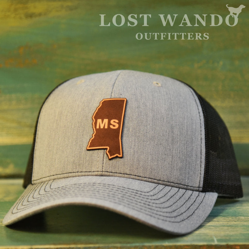 Load image into Gallery viewer, Mississippi State Outline Etched Leather Patch Hat-Heather Grey-Black on Richardson 112 - Lost Wando Outfitters
