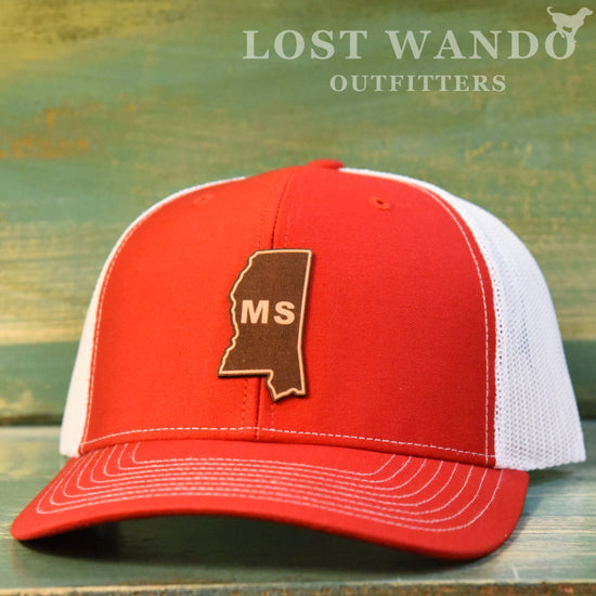 Mississippi State Outline Etched Leather Patch Hat-Red-White on Richardson 112 - Lost Wando Outfitters
