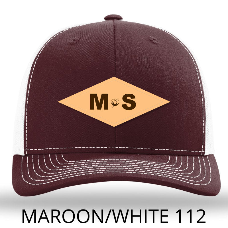 Mississippi Cotton Diamond Leather Patch Hat-Maroon-White on Richardson 112 Lost Wando Outfitters - Lost Wando Outfitters