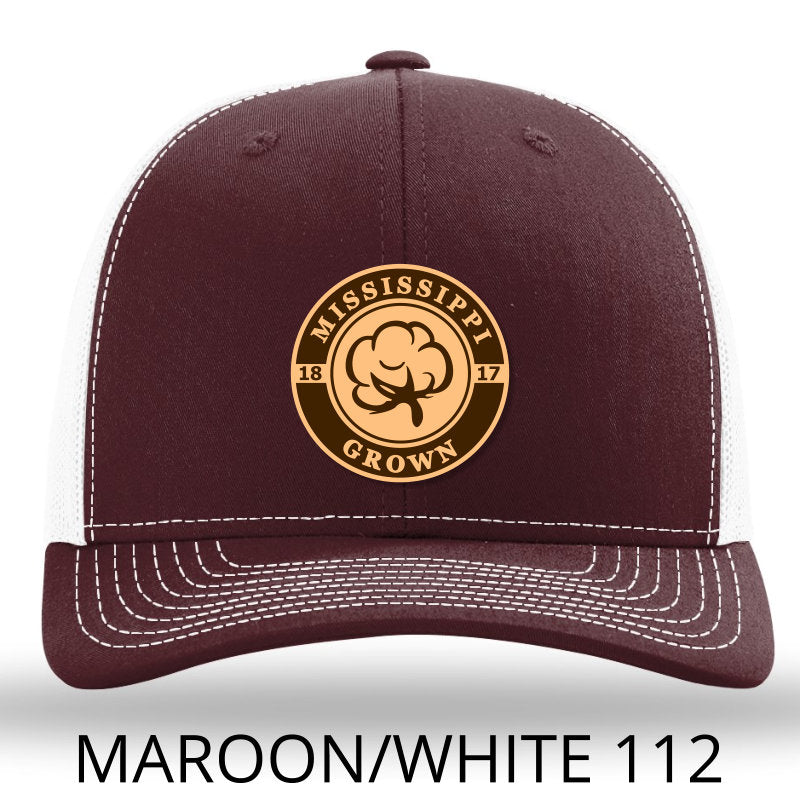 Mississippi Grown Cotton Leather Patch Hat-Maroon-White on Richardson 112 Lost Wando Outfitters - Lost Wando Outfitters
