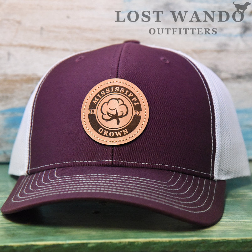 Mississippi Grown Cotton Leather Patch Hat-Maroon-White on Richardson 112 Lost Wando Outfitters - Lost Wando Outfitters
