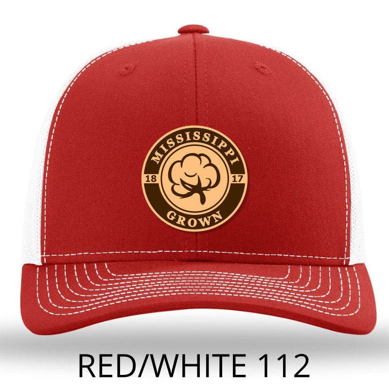 Mississippi Grown Cotton Leather Patch Hat-Red-White on Richardson 112 Lost Wando Outfitters - Lost Wando Outfitters