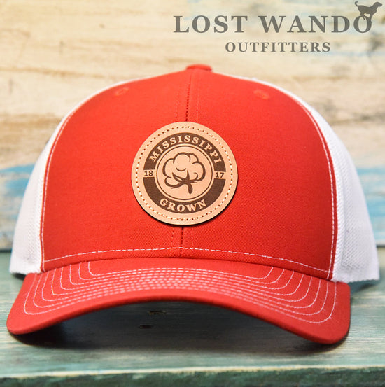 Mississippi Grown Cotton Leather Patch Hat-Red-White on Richardson 112 Lost Wando Outfitters - Lost Wando Outfitters