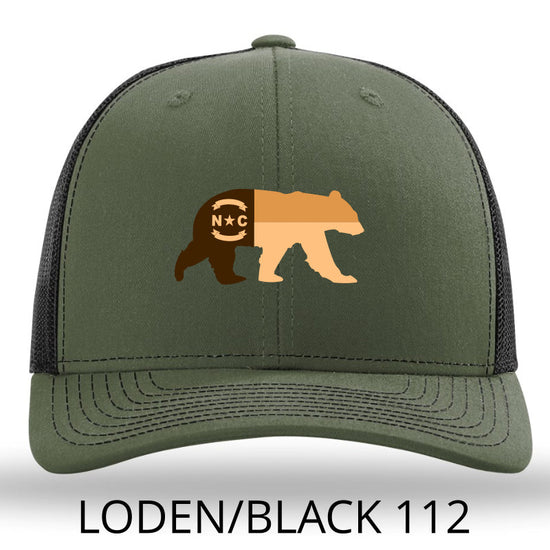 Load image into Gallery viewer, NC Bear Leather Patch Hat - Loden - Black Richardson 112 - Lost Wando Outfitters
