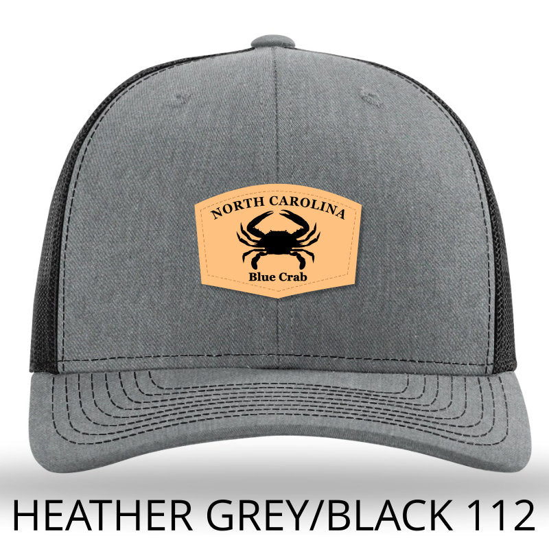Load image into Gallery viewer, North Carolina Blue Crab Leather Patch Hat- Heather Grey-Black Richardson 112 - Lost Wando Outfitters
