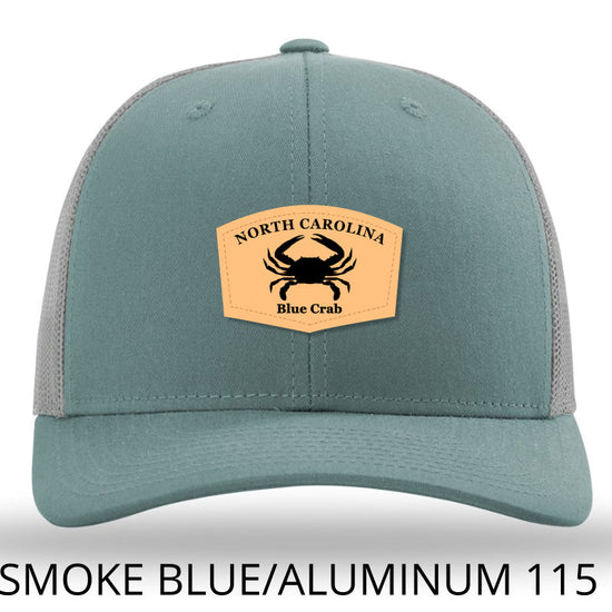 Load image into Gallery viewer, North Carolina Blue Crab Leather Patch Hat- Smoke Blue Aluminum Richardson 115 - Lost Wando Outfitters
