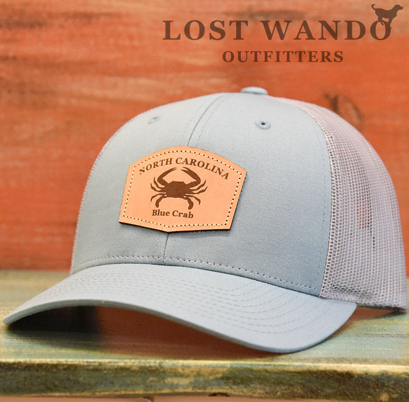 Load image into Gallery viewer, North Carolina Blue Crab Leather Patch Hat- Smoke Blue Aluminum Richardson 115 - Lost Wando Outfitters
