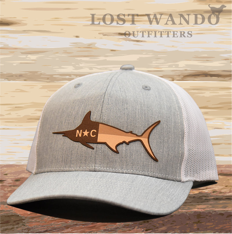 Load image into Gallery viewer, NC Marlin Leather Patch Hat Heather Grey-White Lost Wando - Lost Wando Outfitters

