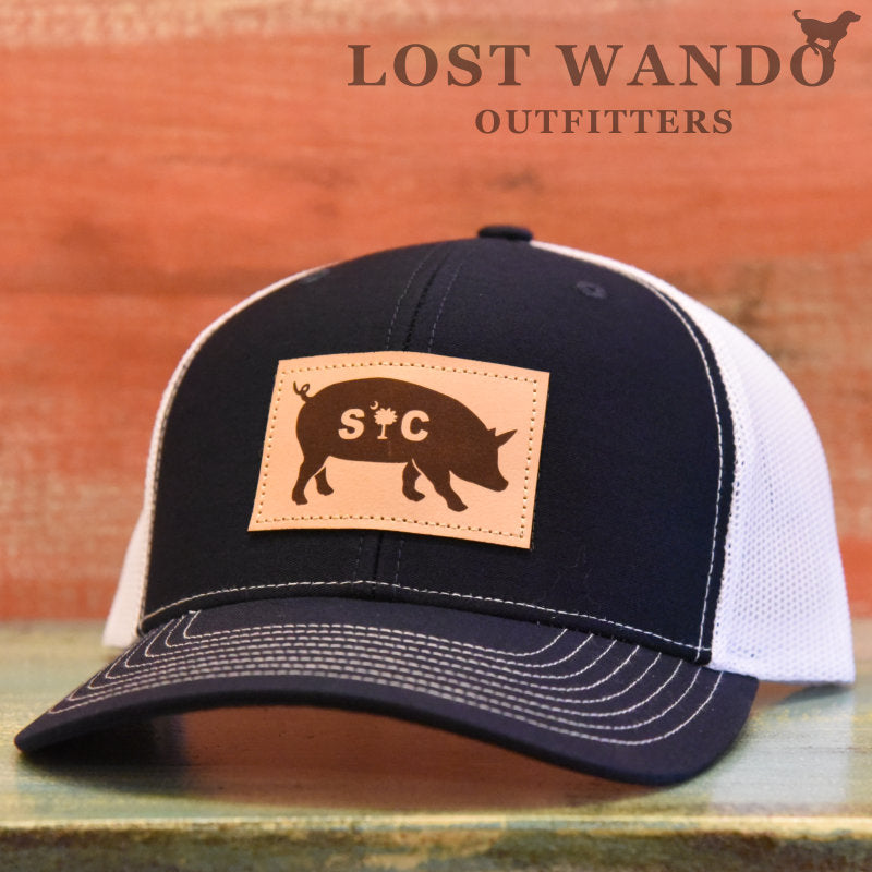 Load image into Gallery viewer, SC Pig Leather Patch Hat Navy - White - Lost Wando Outfitters
