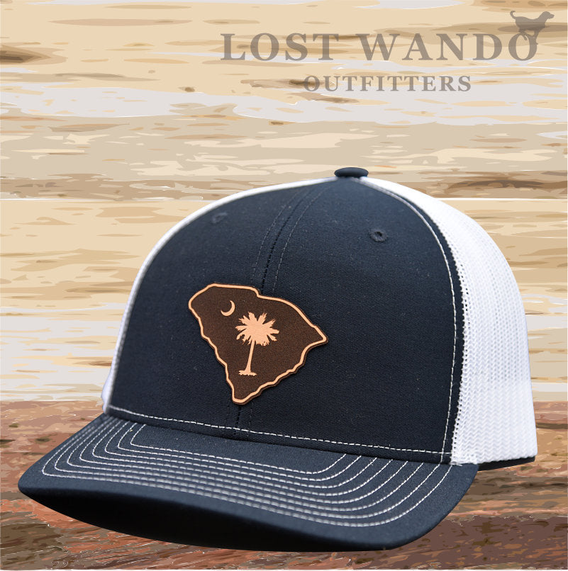 Load image into Gallery viewer, SC Etched Leather Outline Hat -Navy-White Lost Wando - Lost Wando Outfitters
