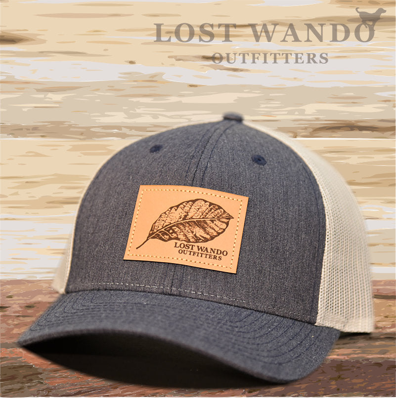 Load image into Gallery viewer, Tobacco Leaf Leather Patch Hat -Heather Navy-Light Grey - Lost Wando Outfitters
