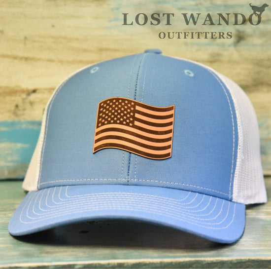 American Flag - Leather patch hat - Columbia Blue-White Lost Wando Outfitters Richardson 112P - Lost Wando Outfitters