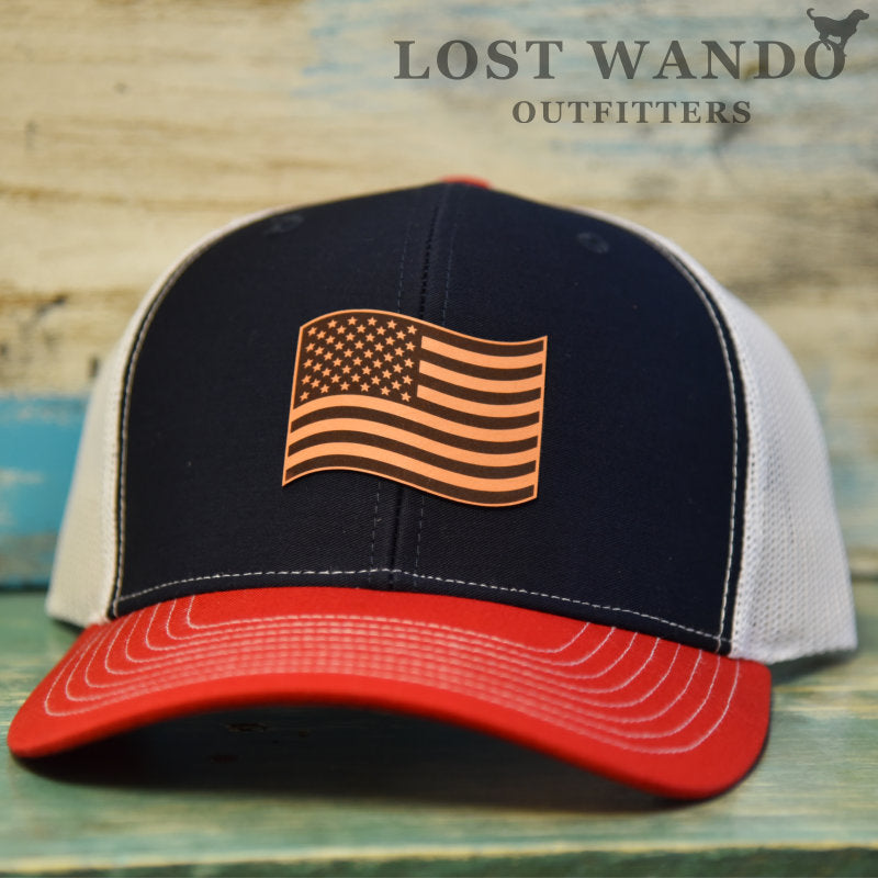 Load image into Gallery viewer, American Flag - Leather patch hat - Navy-White-Red Lost Wando Outfitters Richardson 112P - Lost Wando Outfitters
